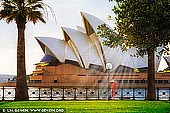 australia stock photography | Sydney Opera House on a Beautiful Bright Morning, Sydney, New South Wales (NSW), Australia, Image ID AU-SYDNEY-OPERA-HOUSE-0041. Beautiful photo of the Sydney Opera House on a bright summer morning when everything is glowing and sun rays striking through the leaves.