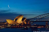 australia stock photography | Sydney Opera House and Harbour Bridge with Crescent Moon At Dusk, Sydney, NSW, Australia, Image ID AUOH0002. 