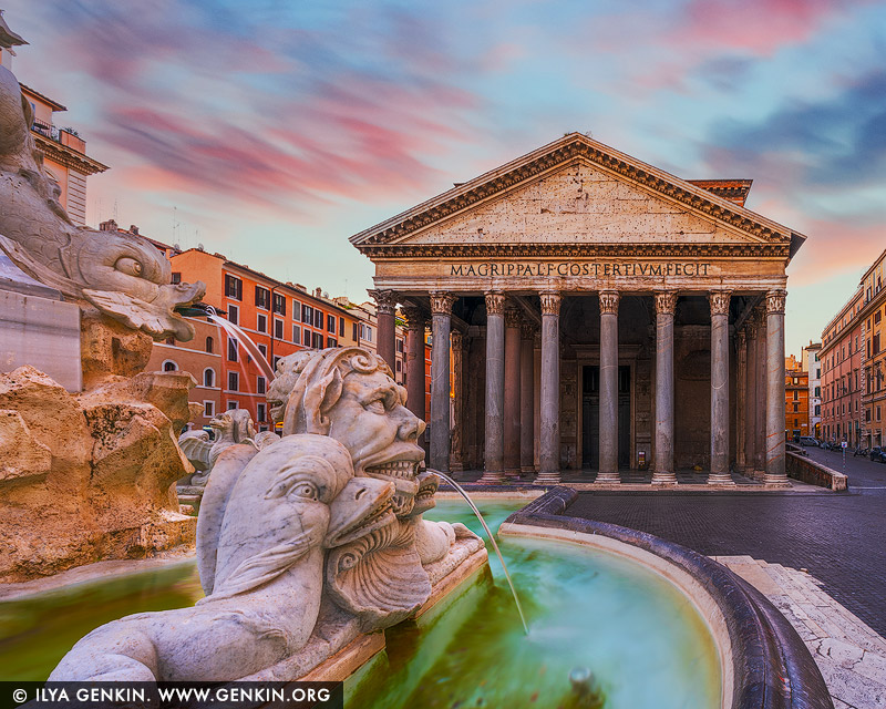 italy stock photography | Fontana del Pantheon at Sunrise, Rome, Lazio, Italy. The Fontana del Pantheon was commissioned by Pope Gregory XIII and is located in the Piazza della Rotonda, Rome, in front of the Roman Pantheon. It was designed by Giacomo Della Porta in 1575 and sculpted out of marble by Leonardo Sormani. In 1711, Pope Clement XI requested that the fountain be modified and had Filippo Barigioni design a new layout, which included a different basin, made of stone, and the Macuteo obelisk, created during the period of Ramses II, set in the centre on a plinth with four dolphins decorating the base. In 1886, the original marble figures were removed, and replaced with copies by Luigi Amici. Today, the originals can be seen in the Museum of Rome. Bathed in the soft glow of sunrise, the Fountain of the Pantheon comes to life in intricate detail - its sculpted figures glistening with morning moisture as the first light spills across the square. Behind it, the majestic dome of the Pantheon looms quietly, its ancient facade bathed in warm hues of gold and amber. The air is still, the piazza empty, and in this fleeting moment, the scene feels suspended in time - an intimate glimpse of Rome's eternal beauty before the city awakens.