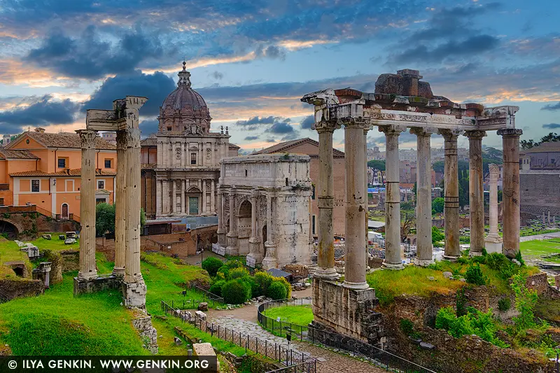 italy stock photography | Twilight Reverence at the Roman Forum, Rome, Lazio, Italy. As the last light of day brushes the Roman Forum in soft gold and lavender hues, ancient columns and crumbling temples stand like sentinels of memory - dignified, silent, eternal. Once the epicentre of Roman public life, these ruins now whisper forgotten orations and imperial grandeur into the cooling air. The dramatic interplay of clouds and evening light breathes new life into centuries-old stone, revealing textures and shadows shaped by time itself. This image captures not just a place, but a sensation - of reverence, of history, of timeless beauty. Perfect for a refined interior space, this piece infuses any room with classical elegance and contemplative depth.