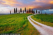  stock photography | Sunset at Villa I Cipressini, Pienza, Val d'Orcia, Tuscany, Italy, Image ID ITALY-TUSCANY-0002. Tuscany is the typical hilly landscape, with cypress trees and hay bales, and the most iconic is definitely Val d'Orcia. Constantly atmospheric, it is green in springtime, golden and ochre during summer and foggy in Autumn, it will always enchant you. Val d'Orcia is a large valley located in the south of Tuscany and the most scenic route is the road SP438 from Siena to Asciano. This area is called 'Crete Senesi'. Then from Asciano the road SP60 proceeding along road SP14 and there will be Val d'Orcia. Cypress avenues meet picturesque agriturismo. And the backdrop: a lush, hilly, picturesque, expansive landscape. Val d'Orcia is renowned as one of the best photo-spots in Tuscany. Enjoy the view of the quintessential image of Tuscany that inspired many painters of the Renaissance and which is a UNESCO World Heritage site.