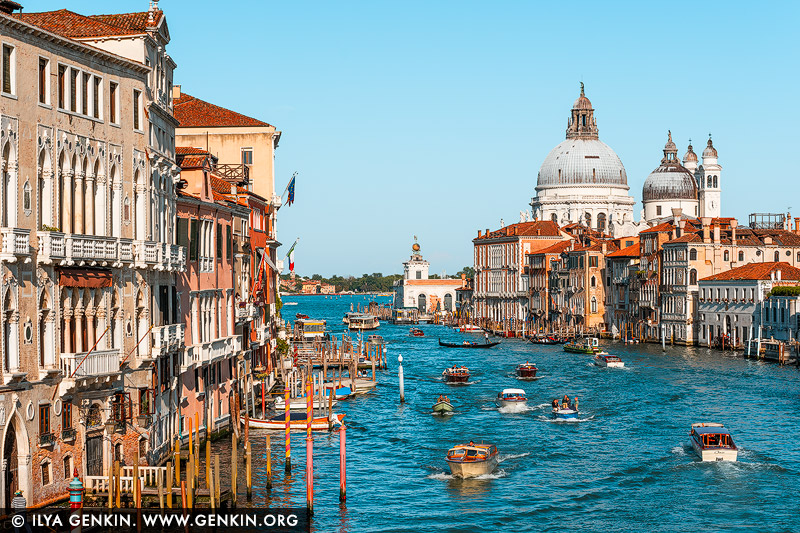 italy stock photography | The Grand Canal at Ponte dell'Accademia #1, Venice, Veneto, Italy. Late afternoon sunlight bathes Venice in a golden glow as seen from the Ponte dell'Accademia. The Grand Canal, alive with gondolas and vaporettos, winds past historic palazzos toward the majestic Basilica di Santa Maria della Salute. This Baroque masterpiece, completed in 1687, was built as a votive offering after the 1630 plague decimated a third of Venice's population. Its luminous white dome, designed by Baldassare Longhena, rises above the cityscape, symbolising hope and resilience. From this vantage point, the interplay of light and water captures the timeless beauty of Venice.