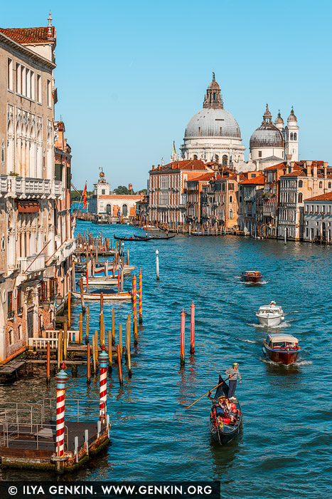 italy stock photography | The Grand Canal at Ponte dell'Accademia #2, Venice, Veneto, Italy. Late afternoon light bathes Venice in a golden glow as the Grand Canal unfurls beneath the wooden arch of Ponte dell'Accademia. From this vantage point, the Baroque dome of Santa Maria della Salute rises like a sentinel of resilience - built in the 17th century as a votive offering after a devastating plague claimed nearly a third of the city's population. Designed by Baldassare Longhena, its octagonal silhouette and luminous Istrian stone facade have become synonymous with Venetian grace. Below, the canal pulses with life: gondolas glide past vaporettos, their wakes weaving patterns of light across the water. Palazzos line the banks, their weathered facades reflecting centuries of history.