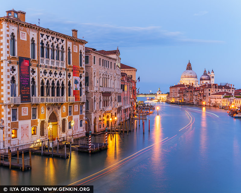 italy stock photography | The Grand Canal at Ponte dell'Accademia at Dusk, Venice, Veneto, Italy. As dusk descends over Venice, the Grand Canal transforms into a glowing ribbon of light and motion. The ornate facade of Ca' d'Oro and neighboring palazzi bask in the soft blue of twilight, their gothic and Renaissance details illuminated by golden lamplight. In the distance, the majestic dome of Santa Maria della Salute anchors the skyline, glowing like a beacon at the canal's curve. Light trails from passing boats paint graceful arcs across the water, capturing the quiet energy of an evening in La Serenissima. This scene is Venice at its most magical - elegant, storied, and alive with subtle movement.
