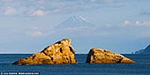  stock photography | Ushitsukiiwa and Mt. Fuji, Kumomi, Izu Peninsula, Shizuoka Prefecture, Japan, Image ID JAPAN-KUMOMI-USHITSUKIIWA-0003. Kumomi Coast is famous not only for the view you can get of Mt. Fuji across the boulders floating in the sea, but also because it is the southernmost point in the Izu Peninsula where you can get a full view of the sacred mountain. In the summer it flourishes as a picturesque swimming beach where you can get a frontal view of Mt. Fuji, and in recent years, it has prospered year-round as a famous spot for scuba diving and water sports. It is also popular as a camping ground.