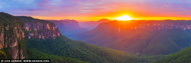 landscapes stock photography | First Light, Grose Valley at Sunrise, Govett's Leap Lookout, Blackheath, Blue Mountains National Park, NSW, Australia. Sunrise pours across the ancient valley in molten gold, soft coral and violet, while the forested depths remain held in quiet shadow. The scene brings warmth without restlessness - a sense of renewal, spaciousness and calm authority that allows the mind to settle and the room to breathe. As a commanding design anchor, its radiant amber horizon, cool lavender atmosphere and deep eucalyptus greens respond beautifully to both natural and architectural light. In a large-format museum presentation, the sweeping panorama comes fully alive, extending the perceived boundaries of a refined living room, executive office or private retreat.
