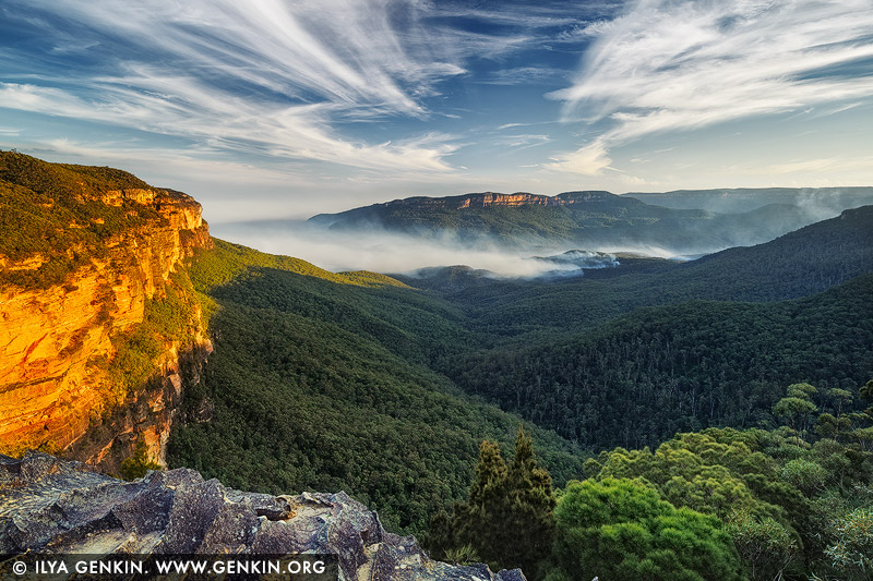 landscapes stock photography | Jamison Valley at Sunset from Princes Rock Lookout, Wentworth Falls, Blue Mountains National Park, NSW, Australia, Image ID AU-JAMISON-VALLEY-0001