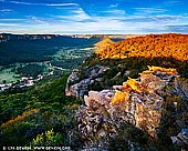 landscapes stock photography | Wolgan Valley at Sunset, Gardens of Stone, Greater Blue Mountains, NSW, Australia, Image ID WOLGAN-VALLEY-0001. Wolgan Valley with Donkey and Wolgan Mountains in the distance at Sunset. Wolgan Valley is the part of Gardens of Stone National Park. Its rock formations are sensational, its lookouts and bushwalks afford sprawling views, and it is home to a wide array of birdlife and wildlife.