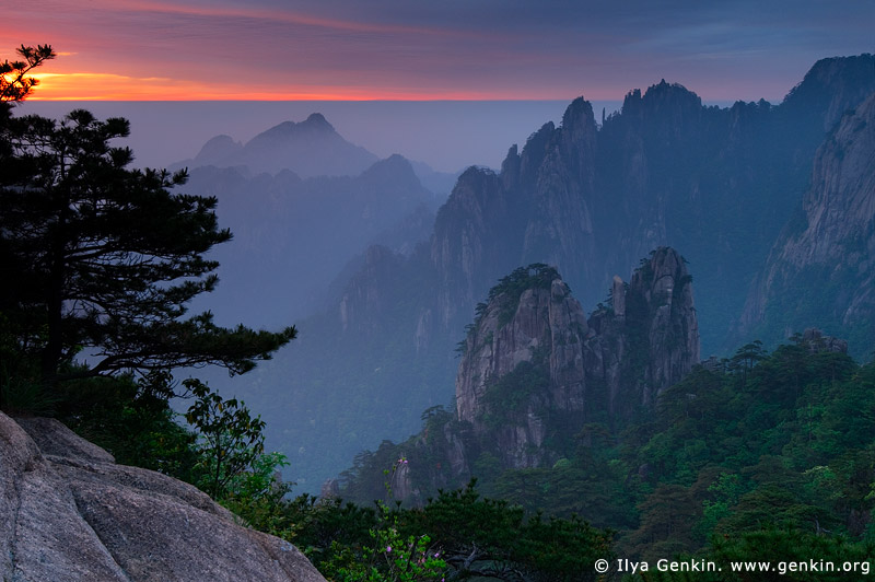 landscapes stock photography | Sunrise from Stone Monkey Gazing Over a Sea of Clouds Lookout, Baiyun Scenic Area, Huangshan (Yellow Mountains), China, Image ID CHINA-HUANGSHAN-0008