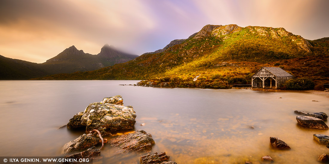 landscapes stock photography | Sunrise at Lake Dove Boat Shed, Cradle Mountain National Park, Tasmania, Australia, Image ID CRADLE-MOUNTAIN-LAKE-DOVE-TAS-0005
