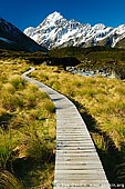 landscapes stock photography | Walking Path to Hooker Lake and Aoraki/Mount Cook, Mackenzie Region, Southern Alps, South Island, New Zealand, Image ID AORAKI-MOUNT-COOK-0002. Stock image of the where Aoraki/Mount Cook and boardwalk in the Hooker Valley leads to the Hooker Glacier and the Hooker Lake in the Aoraki Mt Cook National Park, Southern Alps, South Island, New Zealand.