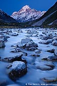 landscapes stock photography | Hooker River and Aoraki/Mount Cook after Sunset, Mackenzie Region, Southern Alps, South Island, New Zealand, Image ID AORAKI-MOUNT-COOK-0004. Aoraki/Mount Cook at sunset and the Hooker River in the foreground in the Aoraki Mt Cook National Park, Southern Alps, South Island, New Zealand.