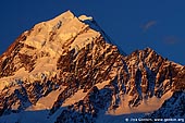 landscapes stock photography | Last Light at Aoraki/Mount Cook, Mackenzie Region, Southern Alps, South Island, New Zealand, Image ID AORAKI-MOUNT-COOK-0001. Snowcapped Aoraki / Mt Cook at sunset. New Zealand's highest peak, Mt Cook (3,754 metres) is situated in the Aoraki Mount Cook National Park, Canterbury on the South Island, New Zealand.