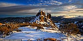 landscapes stock photography | The Cathedral at Sunrise, Mount Buffalo National Park, Australian Alps, VIC, Australia, Image ID AU-MOUNT-BUFFALO-0001. Starting at the Cathedral Picnic Area, a relatively short and medium grade track (2 km, 45 minutes return) leads past the spectacular Cathedral and on to the Hump summit for fine views of Cresta Valley and the Horn. This shot of The Cathedral Rock and was taken at the 'saddle' between the Cathedral and the Hump. The Cathedral Rock is especially beautiful in winter on sunrise or sunset.