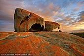landscapes stock photography | Vivid Sunrise at The Remarkable Rocks, Flinders Chase National Park, Kangaroo Island, SA, Australia, Image ID KI-REMARKABLE-ROCKS-0002. The Remarkable Rocks in the Flinders Chase National Park on Kangaroo Island, SA, Australia have been weathered into strange and unique shapes - many visitors enjoy picking out familiar objects in the formations, such as giant chairs and hooks. Enhancing their beauty are the colours in the granite uncovered as the rocks are worn down - blues, blacks and pinks play across the surface of the rocks.
