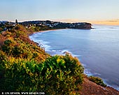 landscapes stock photography | Bungan Beach at Sunrise, Sydney, NSW, Australia, Image ID AU-BUNGAN-BEACH-0001. Bungan Beach is a surf beach that is 600m long running south-south east between steep cliffs of Bungan and Mona Vale Heads. Hidden gem of the Northern Beaches. This little beach is gorgeous and can only be accessed by two steep walkways down a cliff, there is no road access. Once there, other than a few surfers, you often have the place to yourself. Public access to Bungan Beach Reserve is from pathways and steps at Myola Road to the north, and Beach Road from the west. A number of walking tracks are located in the reserve which provide access & entry to the beach. Southern end is a little more sheltered and there are some great places to explore around the rocks.