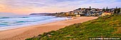 landscapes stock photography | Sunrise at South Curl Curl Beach, Sydney, NSW, Australia, Image ID AU-CURL-CURL-0005. Panoramic photo of calm sunrise at the South Curl Curl Beach in Sydney, NSW, Australia. Soft pastel colours fill the sky and entire scene while water sweeps along the beach. The South Curl Curl Beach is a great location to watch a sunrise and snap a picture with the light changing the sky and the beach.
