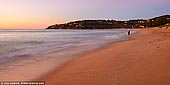 landscapes stock photography | Palm Beach at Dawn, Palm Beach, Sydney, NSW, Australia, Image ID PALM-BEACH-BARRENJOEY-0009. This view of sandy Pacific coastline was taken at sunrise and it shows a lonely fisherman on the Palm Beach of the Sydney's Northern Beaches, Australia. Colours of yellow, pink and violet stream across the morning sky.