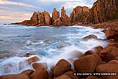 landscapes stock photography | The Pinnacles at Sunset, Cape Woolamai, Phillip Island, Victoria (VIC), Australia, Image ID AU-CAPE-WOOLAMAI-0001. Dominated by steep rocky headlands and exposed to the ferocious force of the wind off the Bass Strait, the Pinnacles at Cape Woolamai in Phillip Island in Victoria, Australia is an absolute treasure for landscape photographers. The area not only allows for spectacular grand vistas to be captured with the beautiful warm light of a setting sun to the west but also enables the creative landscape photographer to capture the smaller details, textures and patterns of the landscape made ever more evident by the low directional light at sunset.