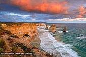 landscapes stock photography | The Twelve Apostles at Sunrise, Great Ocean Road, Port Campbell National Park, Victoria, Australia, Image ID APOST-0021. The Twelve Apostles are world-recognised icons of the Great Ocean Road in Victoria, Australia. These giant rock stacks soar from the swirling waters of the Southern Ocean and are a central feature of the spectacular Port Campbell National Park, only 12 km east of Port Campbell. The dramatic and imposing limestone cliffs that are the backdrop to the Apostles tower up to 70 m, while the tallest of the rock stacks is around 45 m high. While anytime of the day provides great views, sunrise and sunset are particularly impressive for the blazing hues created, and are times that are especially popular with photographers.