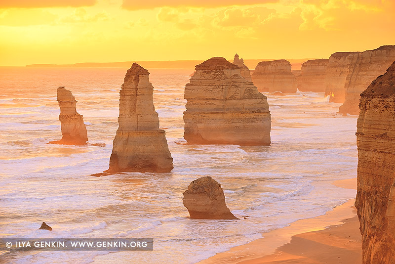landscapes stock photography | Golden Sunset at The Twelve Apostles, The Twelve Apostles, Great Ocean Road, Port Campbell National Park, Victoria, Australia, Image ID APOST-0028