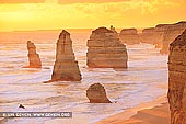 landscapes stock photography | Golden Sunset at The Twelve Apostles, The Twelve Apostles, Great Ocean Road, Port Campbell National Park, Victoria, Australia, Image ID APOST-0028. The sky becomes golden at sunset near The Twelve Apostles along the Great Ocean Road in Victoria, Australia. The golden hues reflect off the surface of the water and sandstone cliffs. The Twelve Apostles in the foreground become silhouetted in the sunset lighting while the background hills remain brightly illuminated.