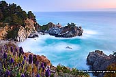 landscapes stock photography | McWay Falls after Sunset, Julia Pfeiffer Burns State Park, Big Sur, Monterey County, California, USA, Image ID BIG-SUR-CALIFORNIA-USA-0001. McWay Falls is one of those hidden California treasures and incredibly scenic waterfall located thirty minutes south of Big Sur in Julia Pfeiffer Burns State Park. McWay Creek drops 84 feet off a cliff onto the beach nestled in a pretty little cove. The overlook view of the cove where the waterfall drops, is stunning to say the least. Unfortunately, you cannot get down onto the scenic beach (legally), as the cliffs are too crumbly and dangerous to descend (and if you try it, be prepared to receive a very hefty fine). The bright green water and white sands has many people think this is an image from Hawaii! That beach makes you want to just get your chair, drinks and take out from Mike's Cafe and sit right down by the waterfall. Another great place to be on a Friday afternoon. The view is stunning, and the waterfall is alluring and out of reach.