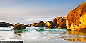 landscapes stock photography | Elephant Rocks at Sunrise, Denmark, South-West Coast, Western Australia, Australia, Image ID AU-WA-ELEPHANT-ROCKS-0001. Elephant Rocks is a sheltered beach in Western Australia. It is located about 15 km west from Denmark, in William Bay National Park. As it name suggests, Elephant Rocks looks exactly like a herd of elephants, paddling in the shallow waters. It is one of favourite places to visit on the South Coast. Tranquil Elephant Cove and Greens Pool nearby offer excellent swimming, snorkelling and diving. The sheltered turquoise water is protected from the Southern Ocean swell making it ideal for the whole family. It's also very popular photography location.