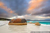 landscapes stock photography | Little Beach and Mt Gardner at Dusk, Two Peoples Bay Nature Reserve, Western Australia (WA), Australia, Image ID AU-WA-LITTLE-BEACH-BEACH-0002. Little Beach in the Two Peoples Bay Nature Reserve near Albany, WA is one of the ten best beaches in Western Australia. It's not too hard to get to, but it has a real remote and secluded feel when you're on the beach, looking east across Two Peoples Bay towards Mount Manypeaks. It's one of those rare beaches that are possibly even more beautiful on a gloomy overcast day, because the water has the clarity of glass and turns the most beautiful pale shade of turquoise under a grey sky.