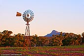 landscapes stock photography | Merna Mora Windmill at Sunset, Flinders Ranges, SA, Australia, Image ID AU-SA-FLINDERS-0010. This image of the windmill and northern part of the Elder Range st sunset was taken on the Moralana Scenic Drive near Merna Mora Station in Flinders Ranges, SA, Australia. Moralana Scenic drive is one of the best drives through the Flinders Ranges. The Flinders Ranges offer some truly remarkable scenery, and the ever changing seasons, colours, light and shadows, provide more than enough material for any artist.