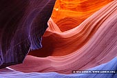 landscapes stock photography | Vivid Colors of the Lower Antelope Canyon, Navajo Tribal Park, Page, Arizona, USA, Image ID US-ARIZONA-ANTELOPE-CANYON-0007. Antelope Canyon in Navajo Tribal Park near Page is possibly the most-photographed of northern Arizona's sandstone slot canyons. The glowing orange and purple colors of the wind- and water-carved, narrow fissures in Antelope Canyon feature in many beautiful images.