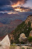 landscapes stock photography | Vishnu Temple from Yaki Point at Sunrise, South Rim, Grand Canyon, Arizona, USA, Image ID GRAND-CANYON-ARIZONA-US-0005. Yaki Point is one of the many lookouts along the south rim that provides sightseers with an extraordinary view into the Grand Canyon, Arizona, USA. From this point, one can see Wotan's Throne, an impressive flat top butte and Vishnu Temple, the large pyramid looking plateau. The popular South Kaibab Trail begins at this point. During the summer tourist season the road at Yaki Point is closed to private vehicles. Free shuttle service is available during this time.