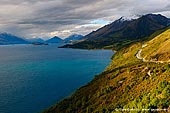 landscapes stock photography | Looking up the Lake Wakatipu Towards Glenorchy at Sunset, Queenstown, Lakes District, Otago, South Island, New Zealand, Image ID NZ-LAKE-WAKATIPU-0001. The view from Bennett's Bluff Lookout on the road from Queenstown to Glenorchy along the Lake Wakatipu is always amazing. It is rated as one of the top scenic drives in the world and the most beautiful road in New Zealand.
