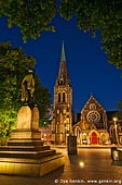  stock photography | ChristChurch Cathedral and John Robert Godley Statue at Night, Cathedral Square, Christchurch, Canterbury, New Zealand, Image ID NZ-CHRISTCHURCH-0005. 