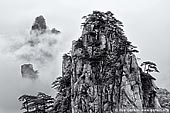 portfolio stock photography | View from Beginning to Believe Lookout, Baiyun Scenic Area, Huangshan (Yellow Mountains), China, Image ID CHINA-BW-0002. Beautiful black and white photo of Huangshan, also known as the Yellow Mountains, in the southern part of the Anhui province in northern China as it's seen from the Beginning-to-believe lookout in Beihai Scenic Area (North Sea). It looks like painting. Huangshan has often been described as the world's most beautiful and enchanting mountain. Over the centuries this mountain with its seventy-two peaks has been the subject of Chinese landscape painters, whose singular works are so haunting it seems impossible that these mountains exist in nature.