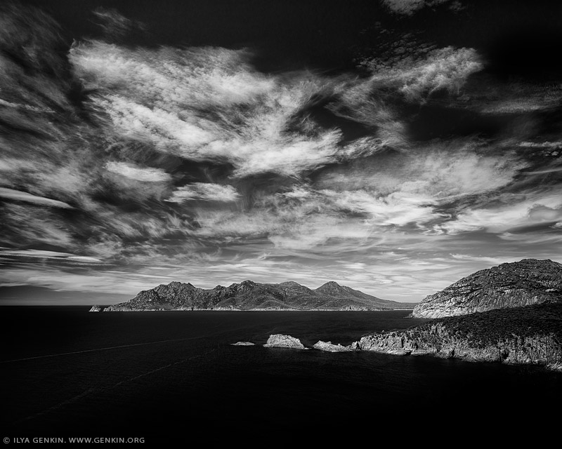 portfolio stock photography | Dramatic Sky Above Cape Tourville, Freycinet National Park, Tasmania (TAS), Australia, Image ID AUSTRALIAN-COAST-BW-0006