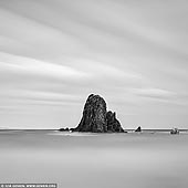 portfolio stock photography | Glasshouse Rocks, Narooma, Eurobodalla, South Coast, NSW, Australia, Image ID AUSTRALIAN-COAST-BW-0010. Glasshouse Rocks are a spectacular outcrop of igneous rock on the NSW South Coast, just south of the town of Narooma. The black rock contrasts with the lighter sky and ocean.