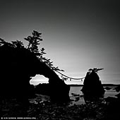 portfolio stock photography | Hatago Iwa #1 (Married Rocks), Togihitsumi, Shika, Hakui District, Ishikawa Prefecture, Japan, Image ID JAPAN-HATAGO-IWA-0001. Hatago Iwa, also known as Noto Futami, are a pair of sacred rocks located in the sea a few kilometers north of the famous Ganmon rocks on the Noto Peninsula in Ishikawa Prefecture. The rugged Noto Kongo coast is an attraction in itself on the Noto Peninsula. Amongst the important sights on this rough stretch of coastline is Hatago Iwa. Hatago Iwa is a pair of beautiful, weathered rocks sticking out of the water just a few meters off the coast. The two rocks are tied together by a shimenawa rope, a rope used in Shinto to mark the presence of sacred spirits, and on the larger of the two rocks is located a small shrine. The rocks are said to be a 'married' couple, one male and one female. Because the Hatago Iwa rocks are very similar to the Meoto Iwa (Wedded Rocks) near the town of Futami on the Shima Peninsula, they are also referred to as Noto Futami.