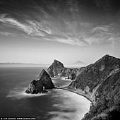 portfolio stock photography | Senganmon and Mt. Fuji, Kumomi, Izu Peninsula, Shizuoka Prefecture, Japan, Image ID JAPAN-KUMOMI-SENGANMON-0001. Senganmon and Mt Fuji seen across Suruga bay from Kumomi on the Izu peninsula, Shizuoka Prefecture, Japan.