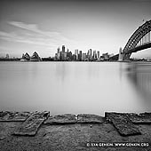 portfolio stock photography | City of Sydney from Kirribilli, Sydney, NSW, Australia, Image ID SYDNEY-IN-SQUARE-0004. Beautiful black and white photo of the Sydney city skyline with the Opera House and the Harbour Bridge from Kirribilli in Sydney, NSW, Australia.