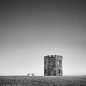 portfolio stock photography | Customs Tower and the Bench, La Perouse, Botany Bay, Sydney, NSW, Australia, Image ID SYDNEY-IN-SQUARE-0006. Black and White photo of the La Perouse's 19th century Customs tower in Botany Bay, Sydney, NSW, Australia.