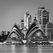 portfolio stock photography | Sydney Opera House and City at Night, Kirribilli, Sydney, New South Wales (NSW), Australia, Image ID SYDNEY-IN-SQUARE-0008. Black and white fine art photo of the Sydney Opera House with the Sydney City in a background at night as it was seen from Kirribilli, NSW, Australia.