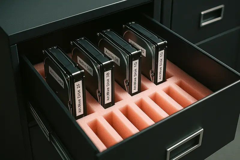 Office drawer with anti-static foam inside and hard-drives