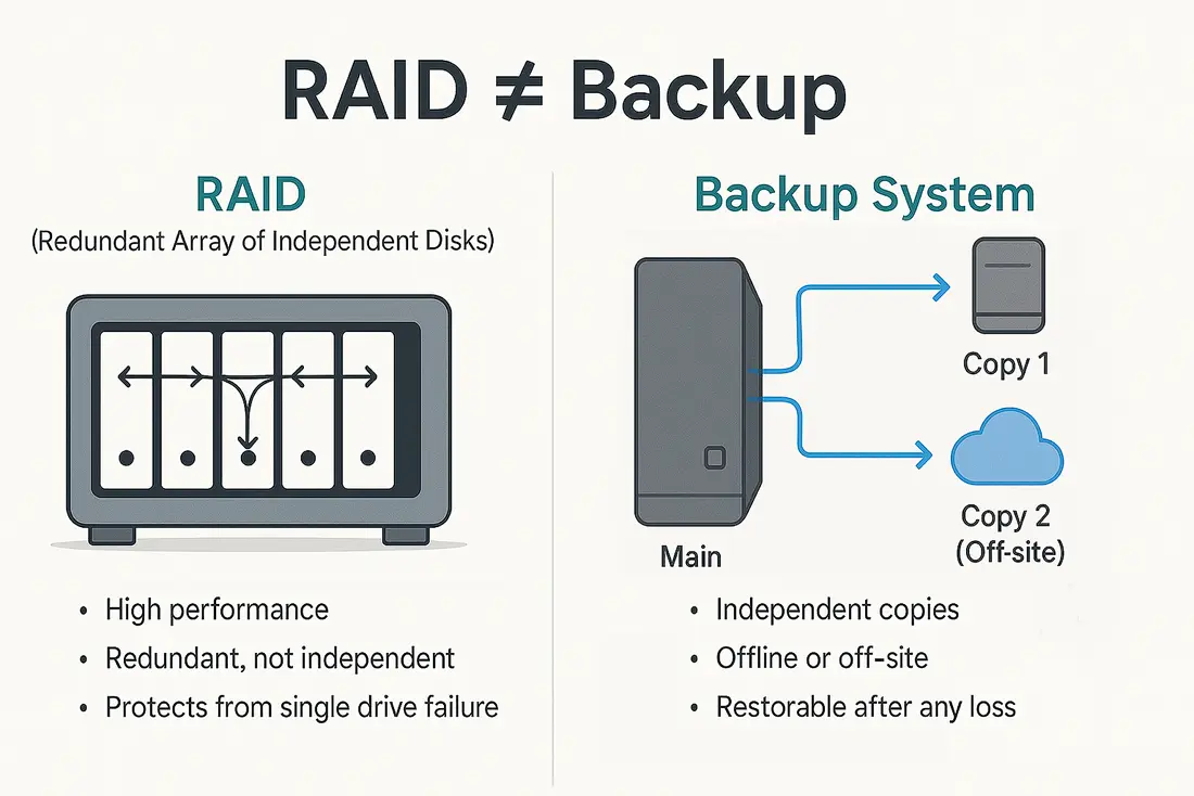 RAID is NOT a Backup / RAID vs Backup comparison diagram