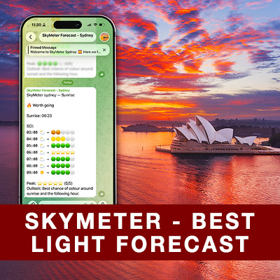 See the forecast for upcoming sunrise and sunset conditions, including the chance of colourful skies and the best light for photography. SkyMeter helps you decide when it's truly worth going out with the camera.