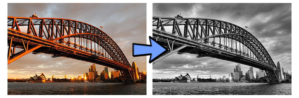 Black and white photo of Sydney Harbour Bridge and Opera House at Sunset, Sydney, NSW, Australia