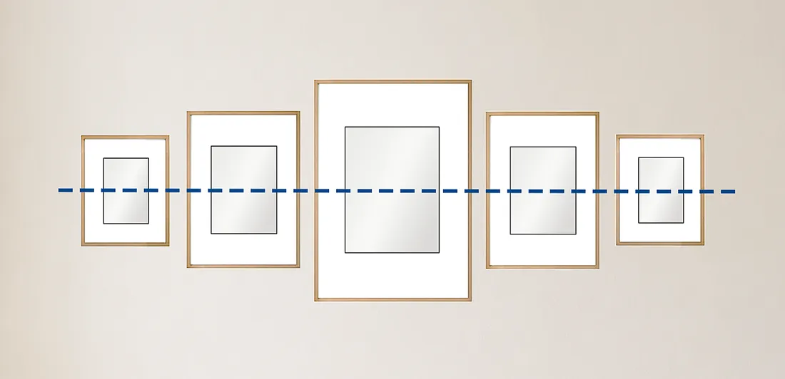 Hanging pictures in a row so that the midlines of all pictures line up.
