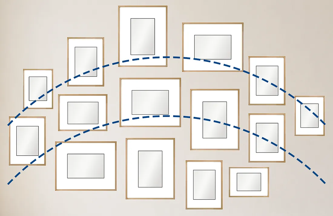 Gallery wall diagram showing frames of different sizes arranged along loose curved lines to create a softer wave-shaped composition.