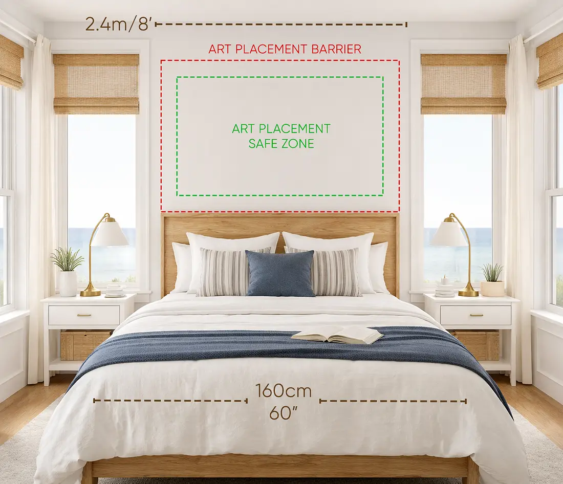 Artwork above a queen bed should never be wider than the bed or the headboard.