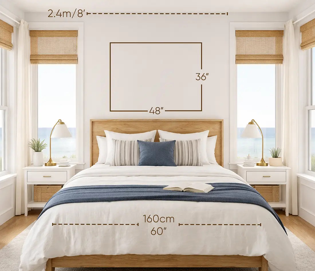 A single 48×36 inches artwork above queen bed in a coastal luxury house.